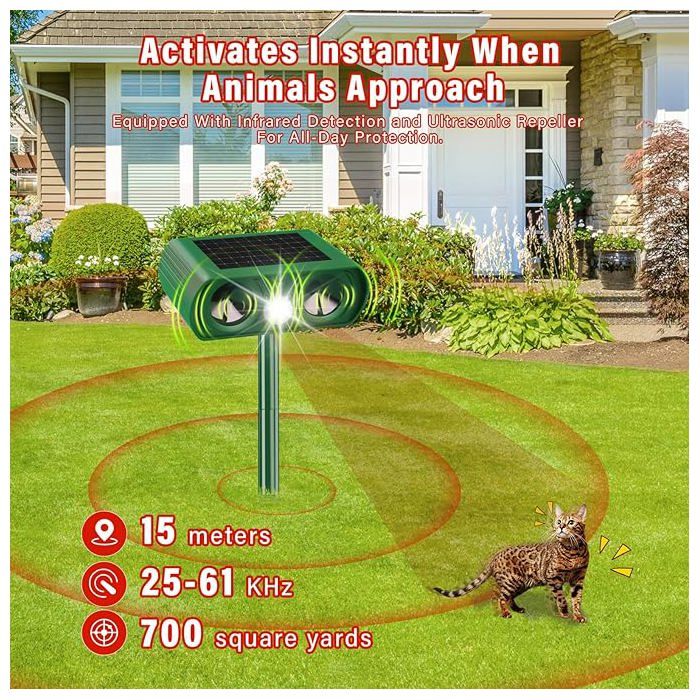 Répulsif Solaire Ultrasons Chat & Chien – LED Flash, Imperméable IP44, 8-9m Portée Cowiewie