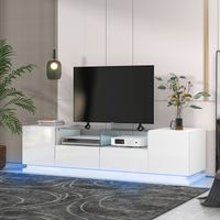 Meuble TV Contemporain avec Tiroirs Portes, Armoire Blanc Haut Brillant, Etagère en Verre, Table Basse à éclairage LED, 165x38x43cm
