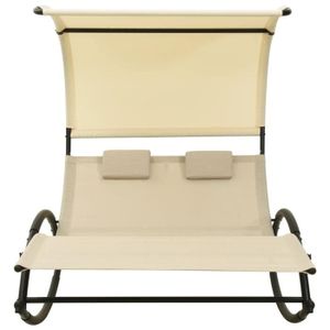 CHAISE LONGUE Chaise longue double avec auvent Textilène Crème-ASH7037029522520