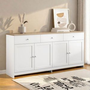 Buffet Moderne,Buffet Bas,Buffet bahut avec 3 tiroirs et 4 portes,Rangement,Armoire de Cuisine,160x37x75cm,Blanc,Pour Salon,Cuisine