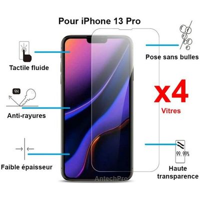 Vitre de protection - Verre trempé - iPhone 13 Pro - Lot de 4 - 0,30 mm - Anti-rayure - 9H