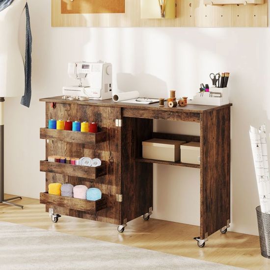 Table Travail Mobile Table De Couture Pliable Avec Rangement – 3 Compartiments, Roulettes, Design Moderne Mobilier Atelier Couture