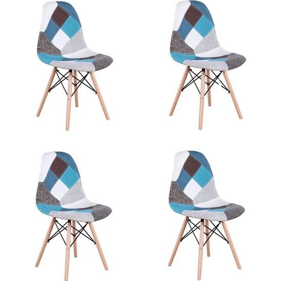 Lot de 4 Chaises de Salle à Manger Chaise en Patchwork Style Nordique Bleu