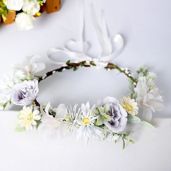 Couronne De Fleurs Artificielles Réglable - Vert Et Blanc, Diamètre 17-22 Cm - Pour Mariage, Festival, Photo