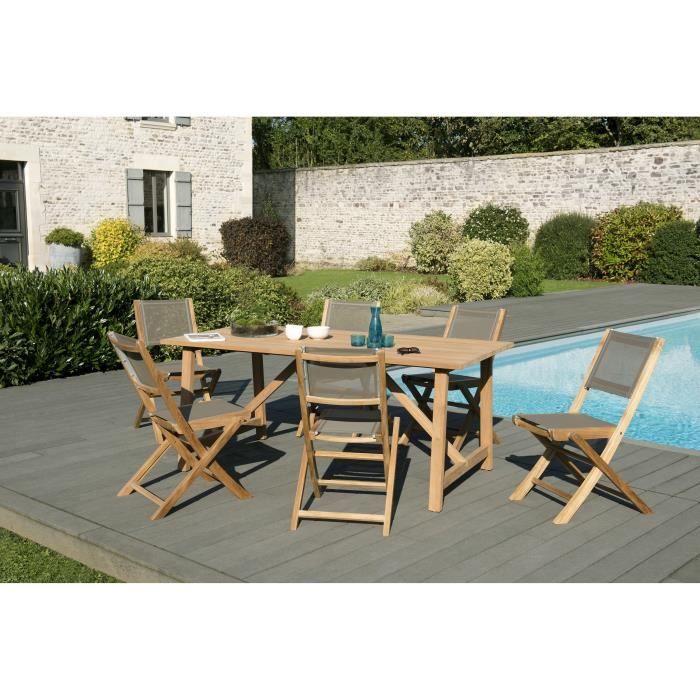 Ensemble de jardin en teck : 1 table Soho 180 x 90cm, couleur naturelle - 3 lots de 2 chaises pliantes en textilène, couleur taupe J