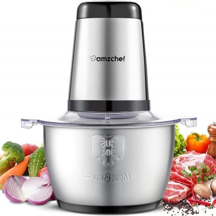 Amzchef Hachoir Électrique avec Moteur Puissant et Bol en Acier INOX 1.8L, 2 niveaux de vitesse et 4 Lames en inox, 300W Multifoncti