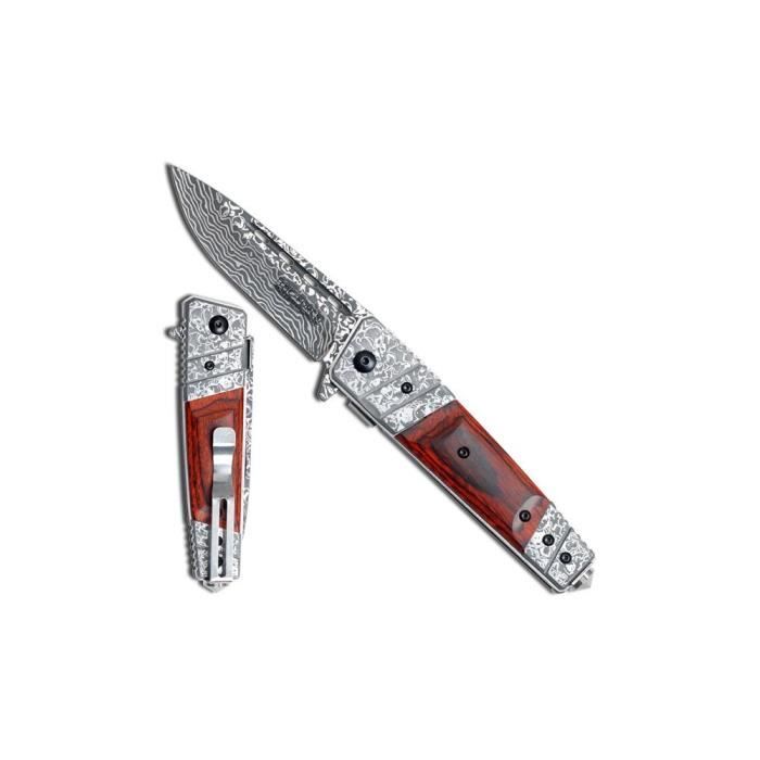 TAC FORCE COUTEAU OUVERTURE ASSISTEE FACON DAMAS/ MANCHE 12 CM + CLIP - Manche en bois pakka