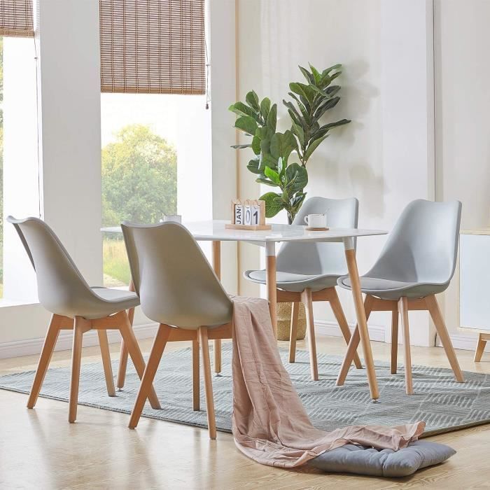 Ensemble Table à Mange Rectangulaire Laqué blanc + 4 Chaises de Salle à Manger Gris - Scandinave et Nordique