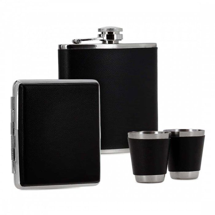 flasque à alcool et etui cigarettes simili cuir noir en coffret