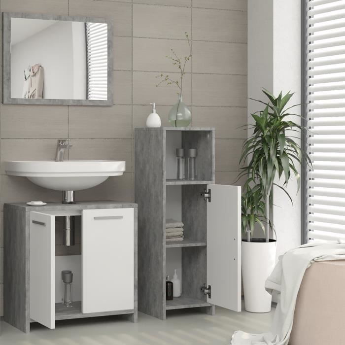 Mobilier de salle de bain Vicco KIKO blanc - béton gris - miroir de salle de bain meuble sous-vasque meuble de salle de bain