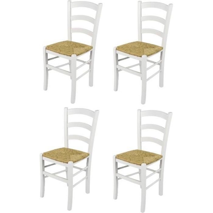 Tommychairs - Set 4 chaises cuisine VENEZIA, robuste structure en bois de hêtre laqué en couleur blanc et assise en paille