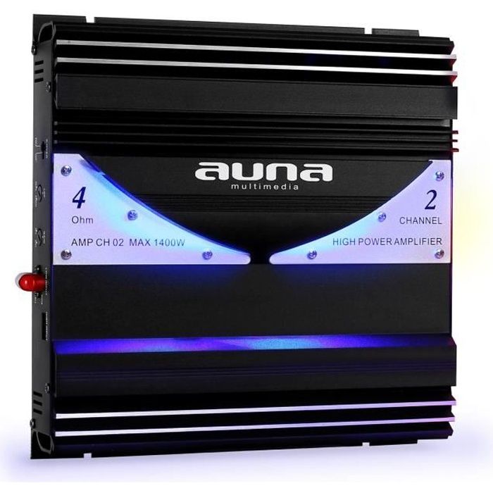 auna AMP-CH02 - Ampli auto hybride bridgeable 1 ou 2 canaux de 190W RMS avec effets LED (20Hz-20kHz, Entrée RCA/Line, 2 sorties)