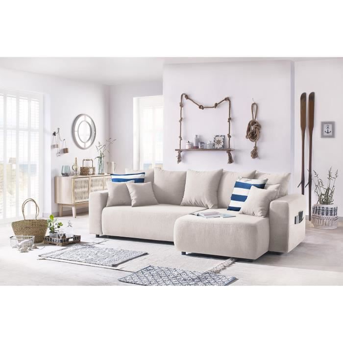 BOBOCHIC® Canapé d'angle réversible convertible coffre ENVY Crème Coffre Angle réversible Poche sur les accoudoirs
