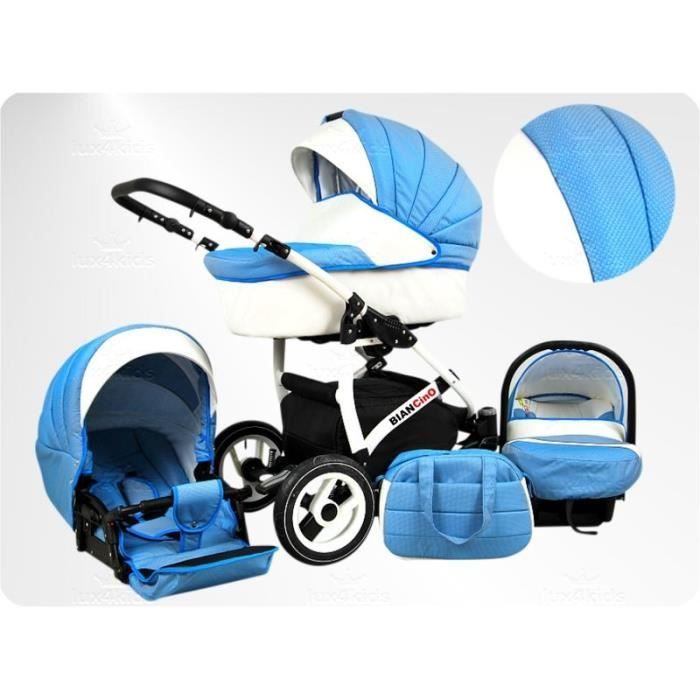 BIANCinO 3en1 Poussette combinée cuir écologique set complète (siège auto + adaptateur, habillage pluie, moustiquaire, roues pivo...