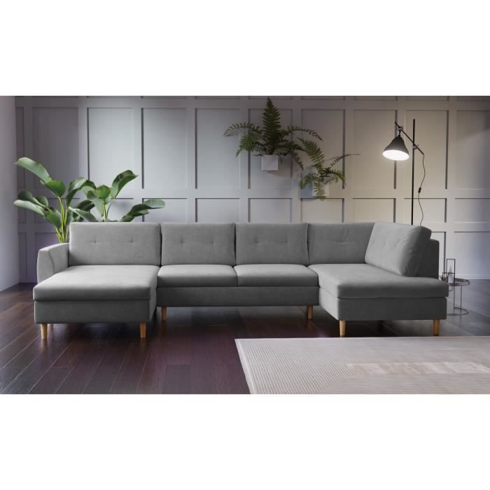 SIENA - Canapé d'angle scandinave panoramique en tissu gris clair