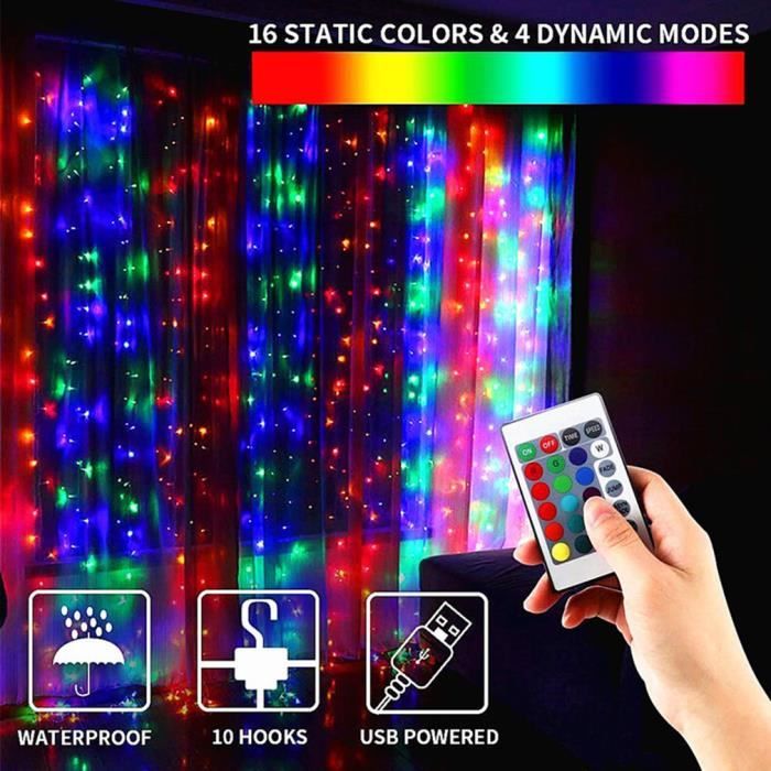 3 * 3 M Lumières de rideau de chaîne LED 16 couleurs 300 lumière Télécommande RVB à changement de couleur