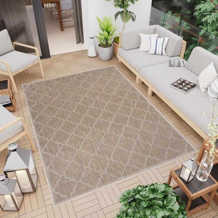 TAPISO Capri Tapis Extérieur Intérieur Cuisine Marron Trèfle Marocain Résistant Sisal 140x200 cm