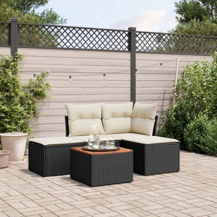 vidaXL Salon de jardin 5 pcs avec coussins noir résine tressée 3223585