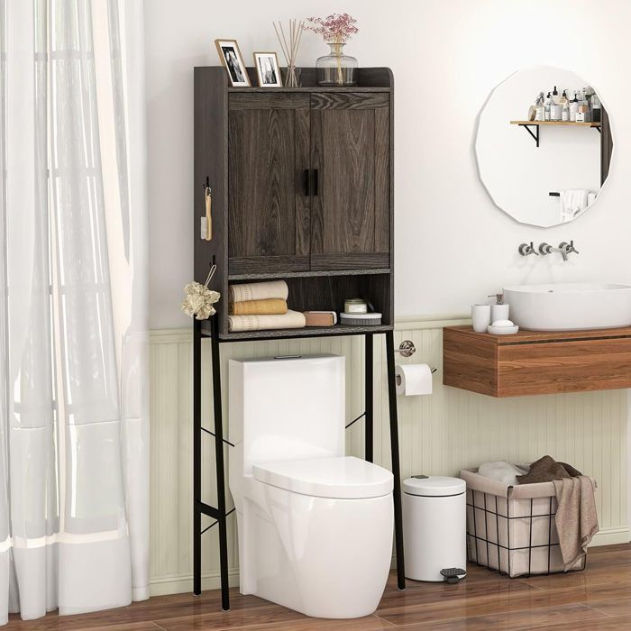 giantex meuble dessus toilettes wc avec 2 portes- meuble/colonne salle de bain à 5 étages- 6 compartiments- 3 étagères réglables