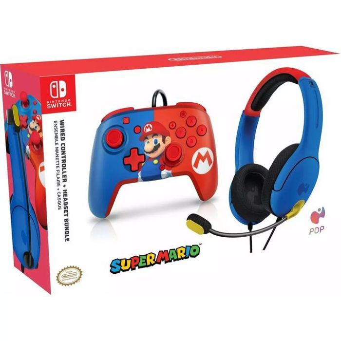 Pack Casque Gaming - Nintendo - Super Mario - Filaire - Compatible Switch - Rouge et Bleu