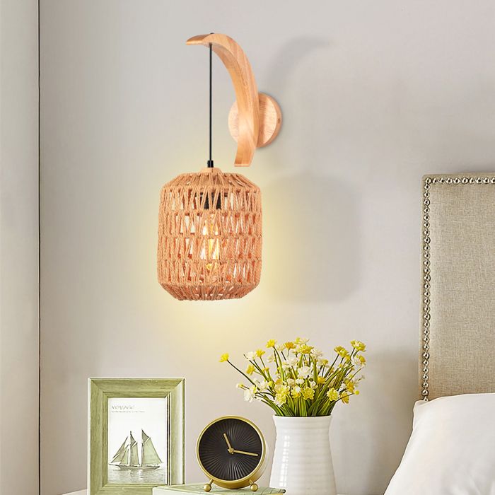 SNOGOLD Applique Murale Intérieure Rétro Lanterne Lampe Murale Rotin Bois et Métal E27 Luminaire pour Chambre de Chevet Salon