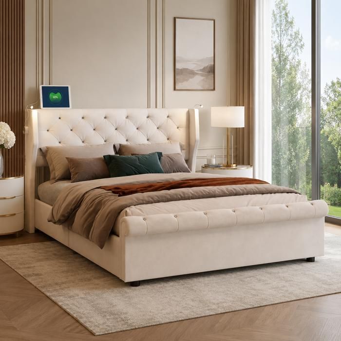 Lit Coffre 140x190 avec LED Lit Double avec Chargement USB Lit Rembourré en Velours Cadre de Lit Adulte Lit avec Rangement Beige
