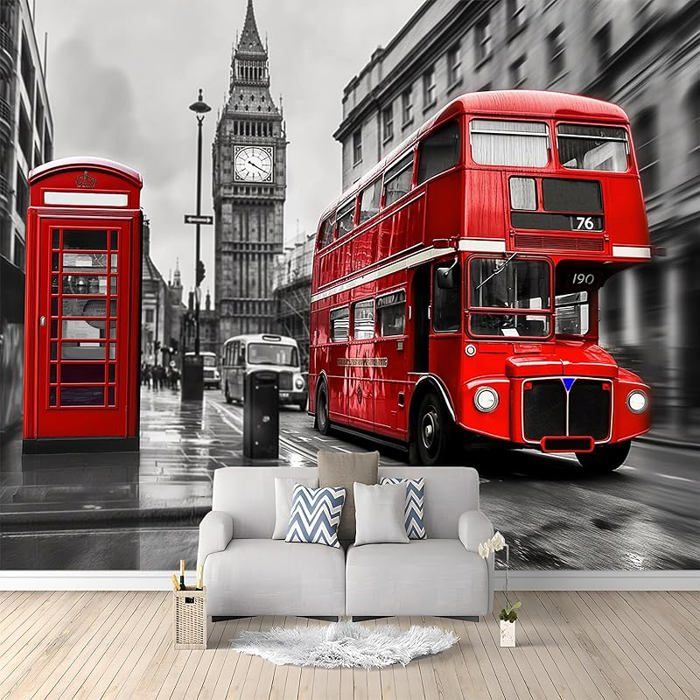 Papier Peint 3D Autocollant Rouge – Motif Bus Londonien N766, Amovible