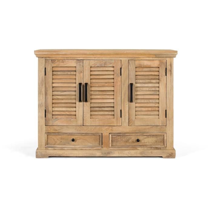 Buffet bas en bois de manguier - 3 portes - 2 tiroirs - 120x90x46 cm - Marron - Style majorquin - Poignées en fer noir