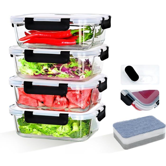 4 Pièce 1040ML Boites de Conservation Alimentaire pour Préparer des Repas Sains - Boites en Verre Hermétiques