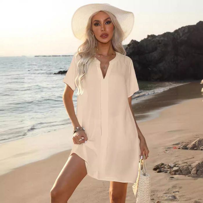 Robe de plage décontractée d'été ECELEN Col en V Robe chemise