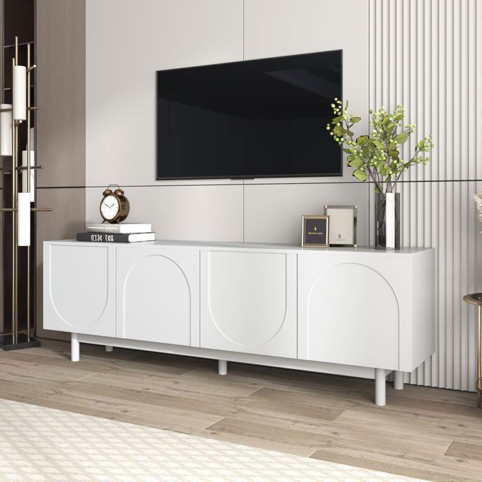 Meuble TV 175 x 38 x 56 cm étagères réglables rangements pieds en bois massif - Blanc