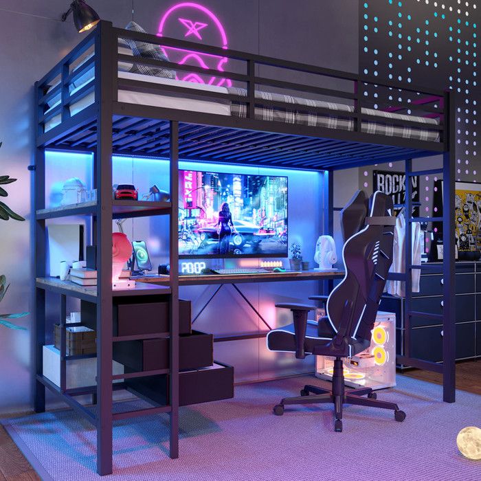 Lit Mezzanine Enfant 90x200cm avec BarrièRes et Escalier Lit Simple LED Lit Enfant Superpose avec Bureau et 3 Tiroirs Noir