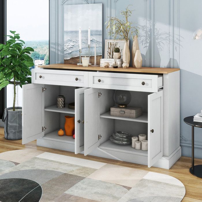 Buffet Cuisine/Salon 150x86x40cm - Blanc Antique et Bois Naturel - 4 Portes + 2 Tiroirs - Étagères Réglables - Poignées Métal Rétro