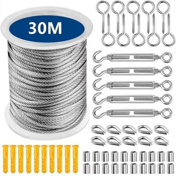 Set Câble En Acier Galvanisé 6x7 - 3 Mm X 15 M + 4 Serre-câbles + 2 Cosses à Cœur