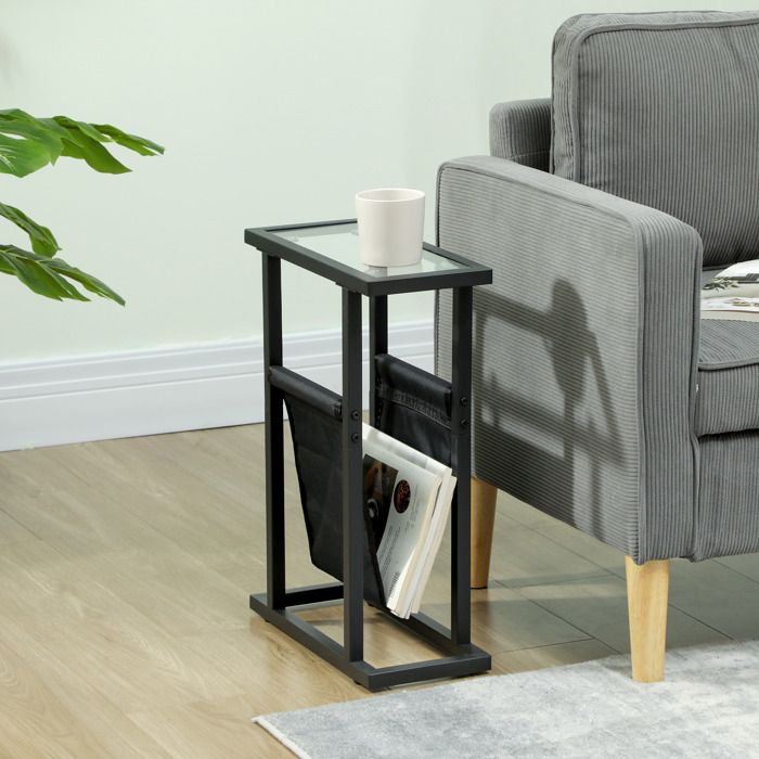 Table dappoint étroite bout de canapé en métal avec porte-revues et plateau en verre trempé 40 x 18 x 555 cm noir