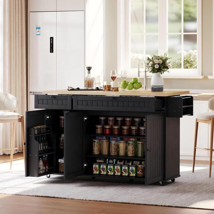 Buffet de cuisine - DREAMMESPACE - Îlot avec plan de travail - 2 tiroirs - Noir - 137 x 89 5 x 45 cm