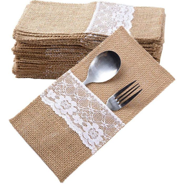 (11 x 21cm) 40pcs Sac Couvert Toile Jute Dentelle Pochette Couvert Porte Couvert Vintage Decoration Table de Mariage Fête Noël