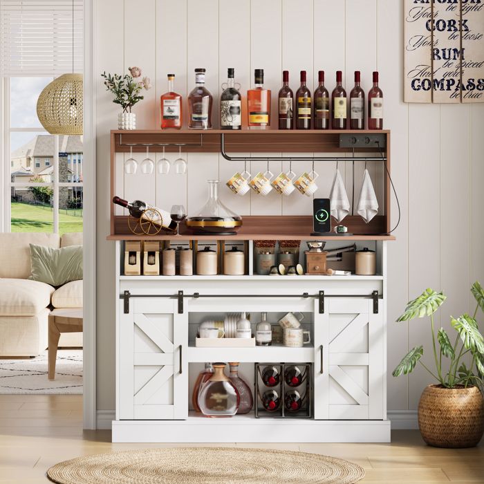 Buffet Cuisine 120cm avec porte-verres et prises (2 x secteur 2 x USB) Meuble de salle à manger Armoire de Rangement Bar à café