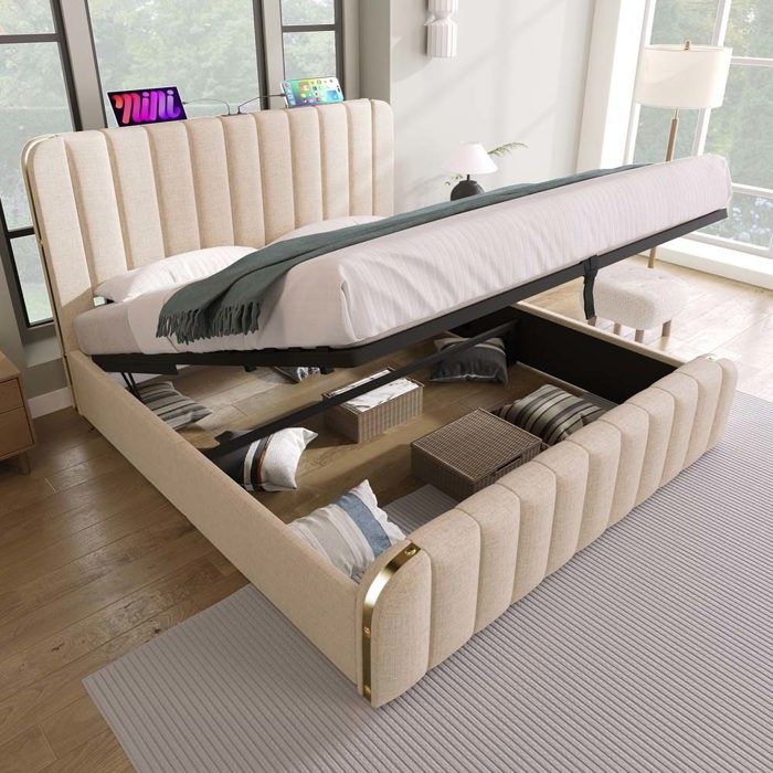 Lit coffre - Lit escamotable avec rangement hydraulique - 180 x 200 cm - Tissu lin beige - Port USB Type-C