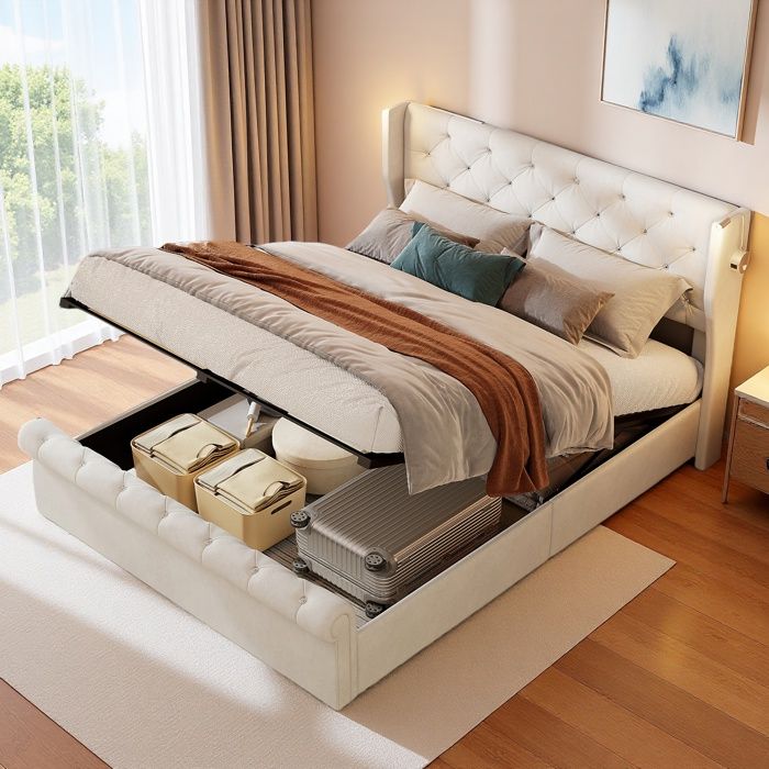 Lit Coffre Hydraulique 140x190cm avec USB et LED Lit Rembourré Lit Capitonné en Velours avec Tête de Lit et Sommier à Lattes Beige