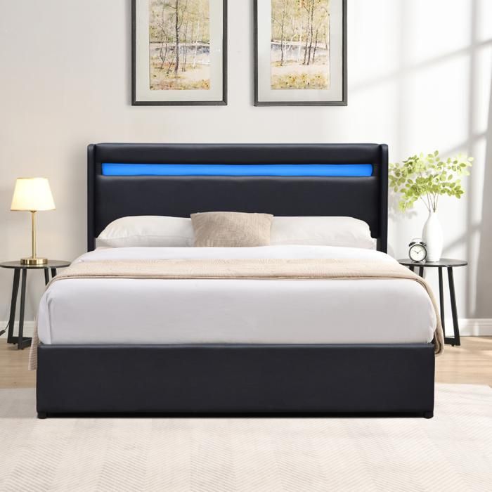 Lit coffre - NUIT DOR - 160x200 cm - Tête de lit LED - Montage facile - PVC simili entretien simplifié Lit coffre - NUIT DOR - 160x200 cm - Tête de lit LED - Montage facile - PVC simili entretien simplifié