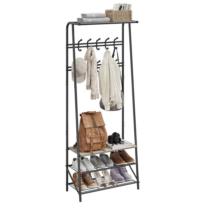 Meuble dentrée 4 en 1 - LUNSY - 64x31x180 cm - Gris - Tringle intégrée - Banc à chaussures - Range-chaussures