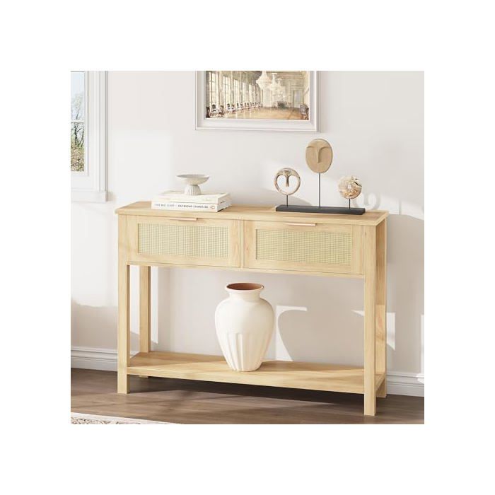 Table console bohème - LUNSY - 109x305x79 cm - Rotin naturel - Grain de bois burlywood - Deux tiroirs - Étagère ouverte
