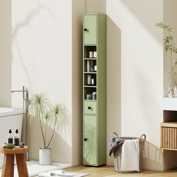 Colonne de rangement armoire haute pour salle de bain 1 tiroir 4 étagères réglables et 2 placards 20 x 20 x 180 cm vert