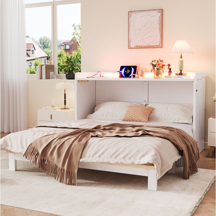 Lit escamotable blanc 140 × 200 avec LED USB prise tiroirs sans matelas