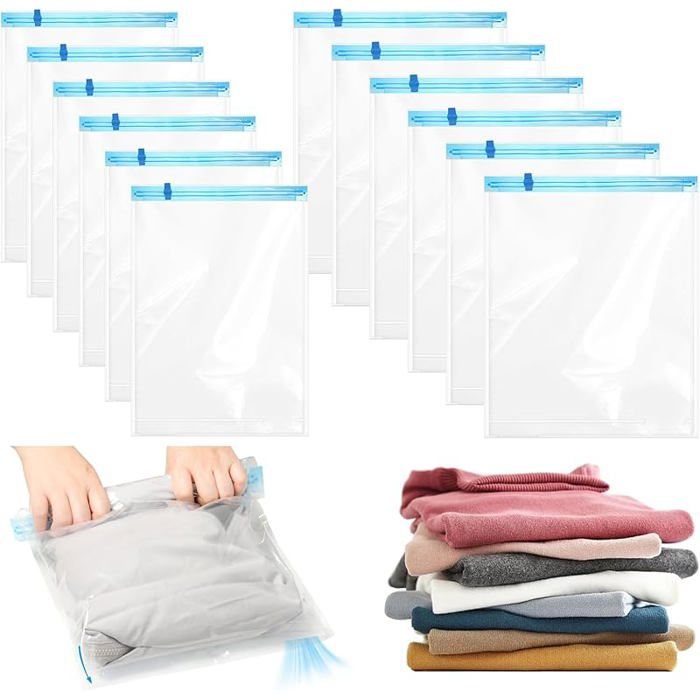 12 Pièces Sac Sous Vide Vêtements Sacs de Compression Réutilisables pour Voyage Sac de Rangement Sous Vide Asur Imperméables pour