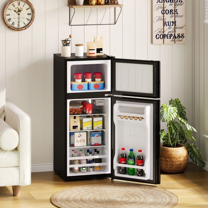 Mini Réfrigérateur 92L avec Congélateur (28L) - 42.5x44.5x102cm - Porte en Verre LED et Silencieux - Noir et Inox