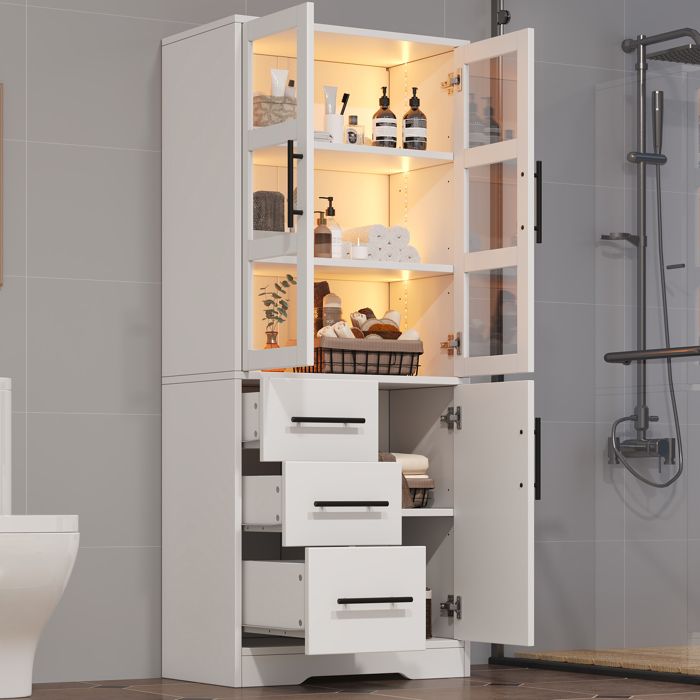 Modenuit Armoire de salle de bain 72x35x170 cm avec éclairage LED portes en verre 3 tiroirs MDF et verre blanc