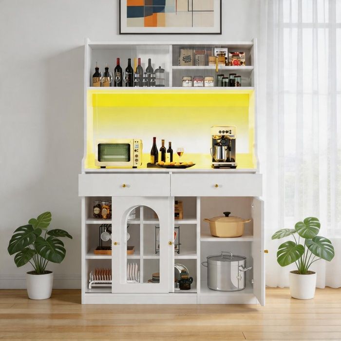 Armoire de cuisine - 120x40x180 cm - Blanc mat - LED contrôlable - 2 tiroirs étagères réglables