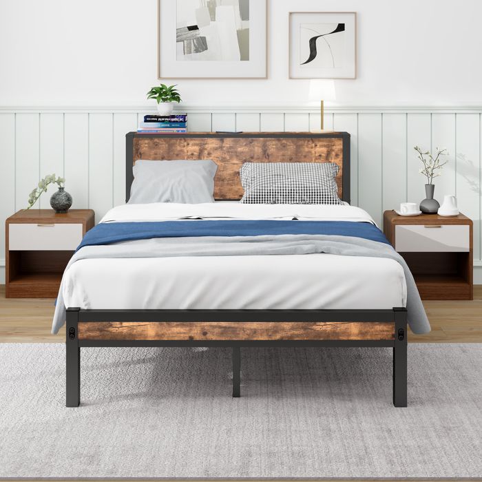 Cadre de lit simple 120x200 cm EVRYAE - avec Tête de lit rangement sans sommier tapissier - Brun antique